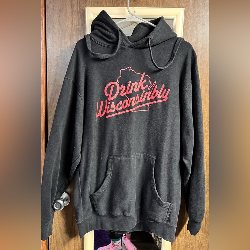Drink Wisconsinbly Black Hoodie with Red Graphic